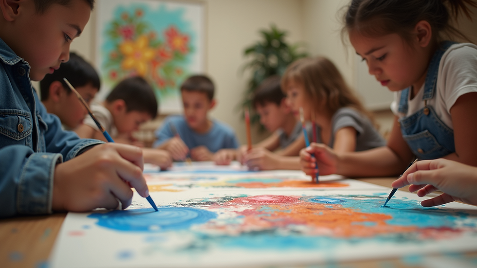 Eye-level view of a community art workshop with participants engaged in painting