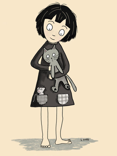 Creepy cute artwork of girl with cat