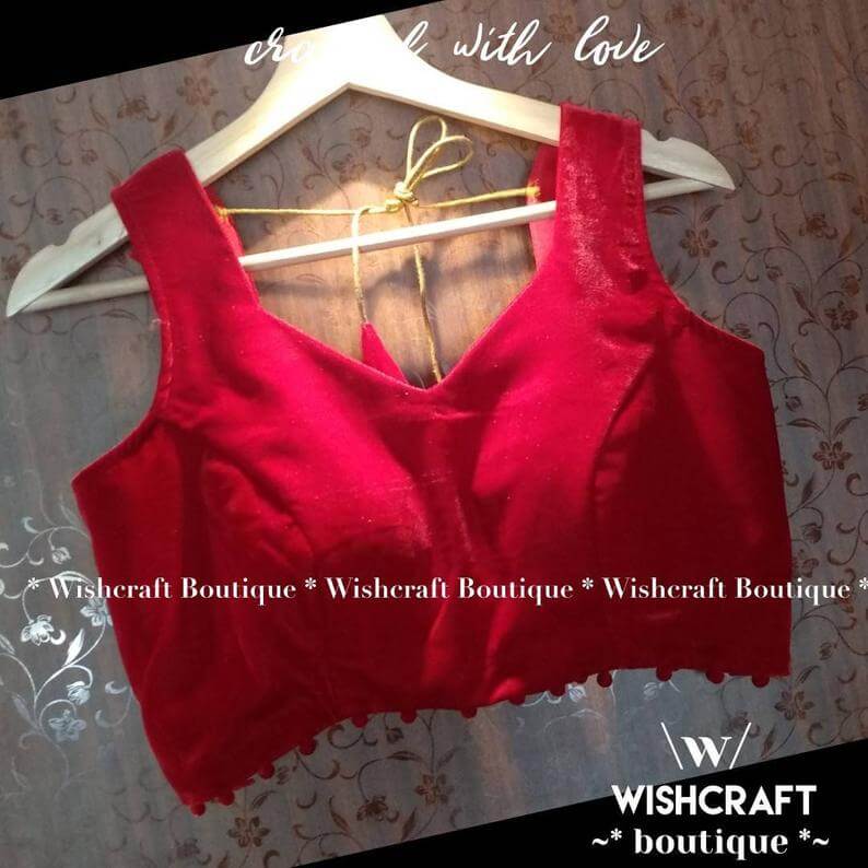 sleeveless-blouse-red-velvet-saree-blous
