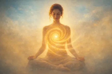 Woman surrounded by golden light, illuminated from within as she breathes.
