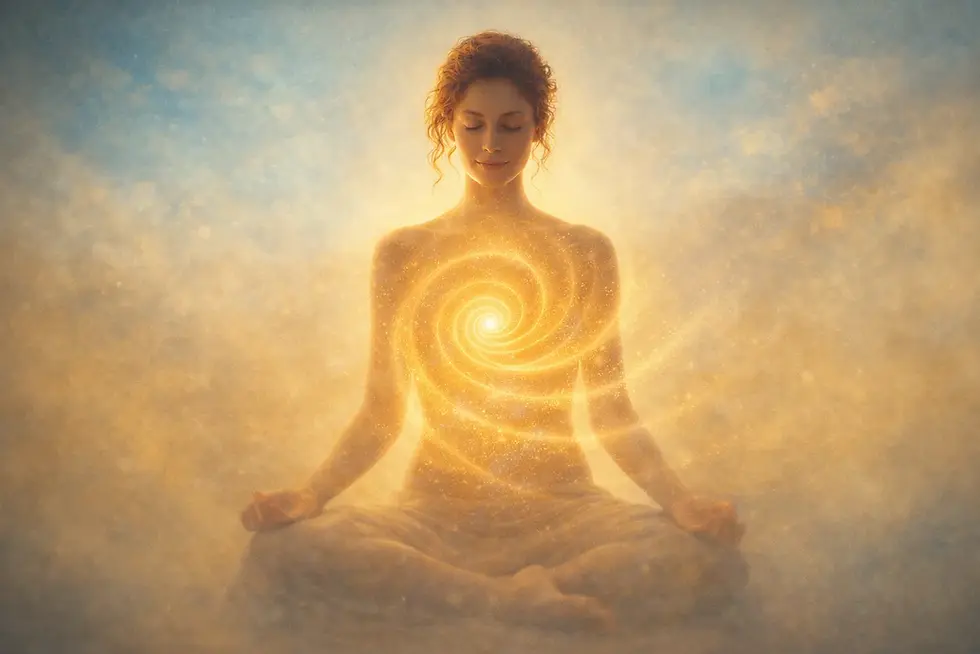 Woman surrounded by golden light, illuminated from within as she breathes.