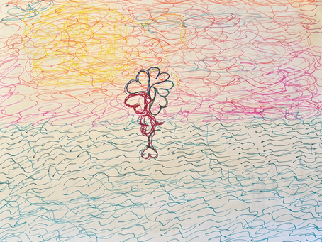 Colorful abstract drawing with tangled lines in yellow, pink, and blue. Central flower with heart-shaped leaves. Vibrant, chaotic mood.