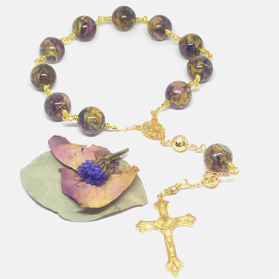 Thumbnail: Large Bead Clear Resin Floral Chaplet in Gold Tones