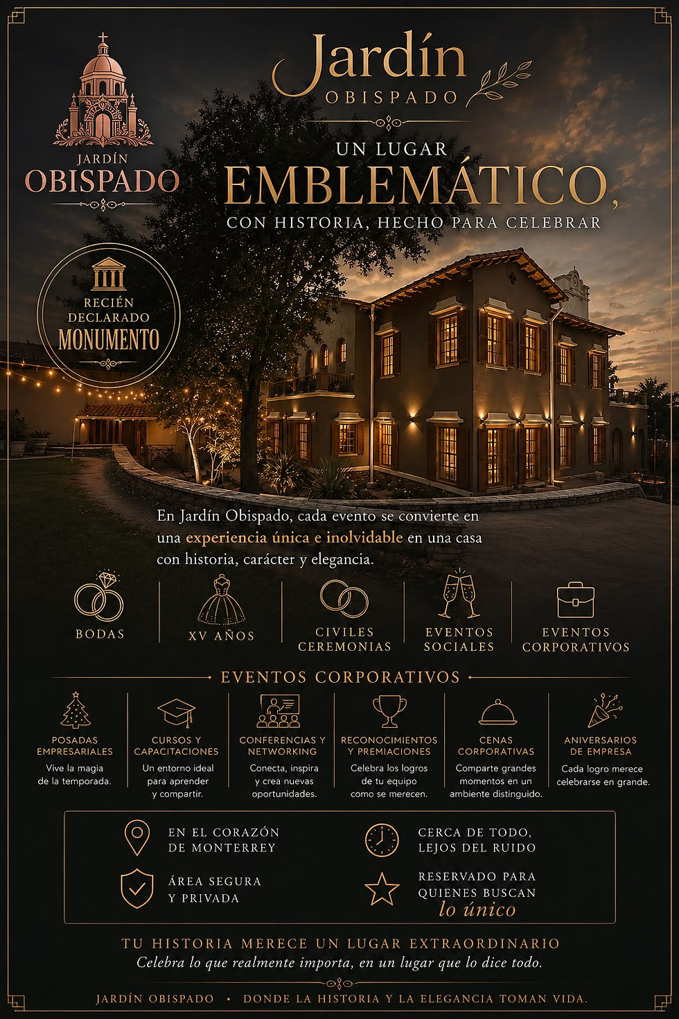 Flyer vertical de Jadrín Obispado con fotos de eventos