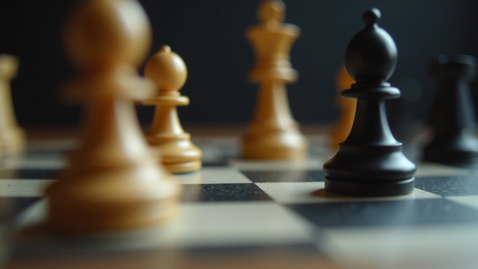 Eye-level view of a chessboard with pieces in mid-game