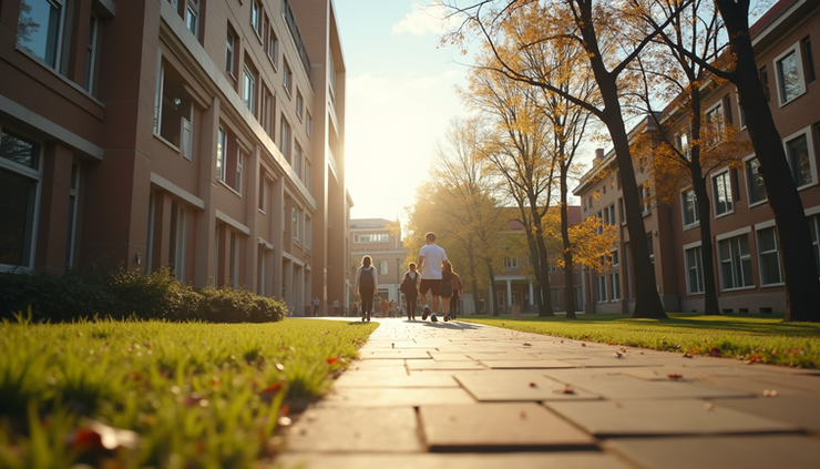 Eye-level view of a university campus with students walking between buildings