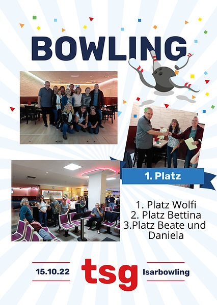 Bowling-Teamfoto mit Siegerehrung: 1. Platz Wolfi, 2. Platz Bettina, 3. Platz Beate und Daniela