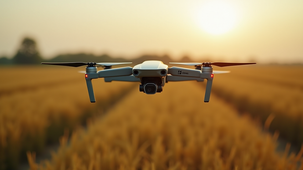 Close-up view of a drone surveying a vast agricultural field