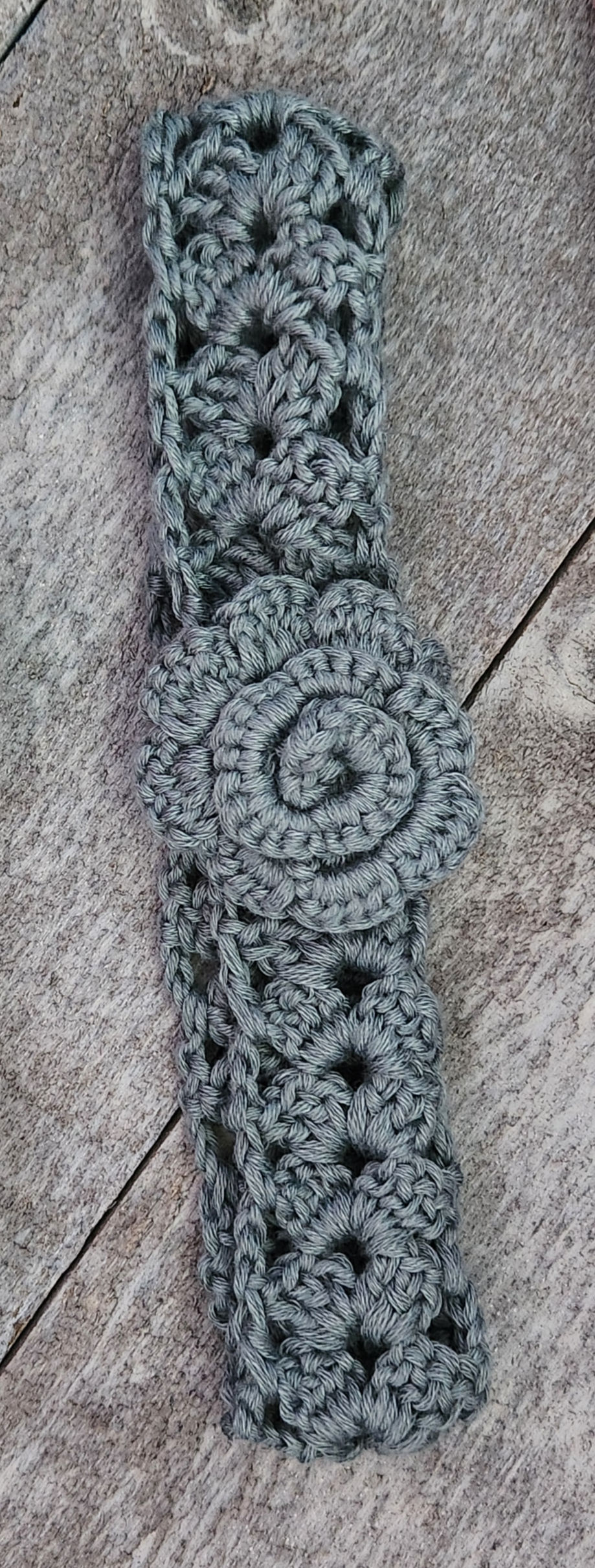 Thumbnail: image of newborn crochet headbands with rose detail on front - Dusty Blue