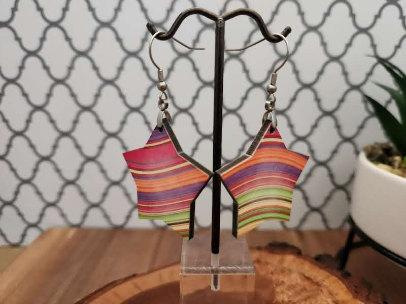 Thumbnail: Acrylic stars with the vibrant colors and unique fade making them a one of a kind. 2.5 inches from earring hole