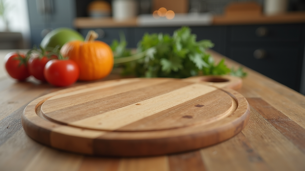 Close-up view of a personalized wooden cutting board in a kitchen