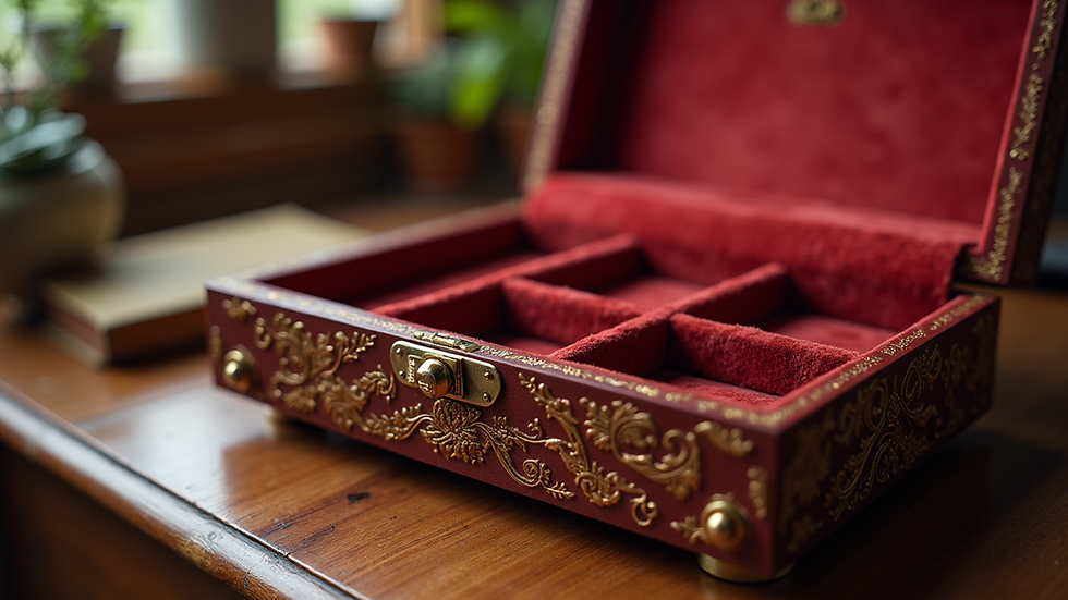 Eye-level view of a decorated jewelry box with compartments and velvet lining