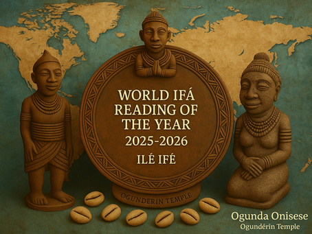 Carved Opon Ifa tray with a Yoruba-style Esu figure at the top, centered over an antique world map with blue oceans. Text reads: World Ifa Reading 2025-2026 Ile Ife.