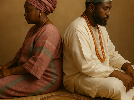A man and a woman sitting with their backs against each other