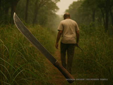A man walking in the woods holding a machete.