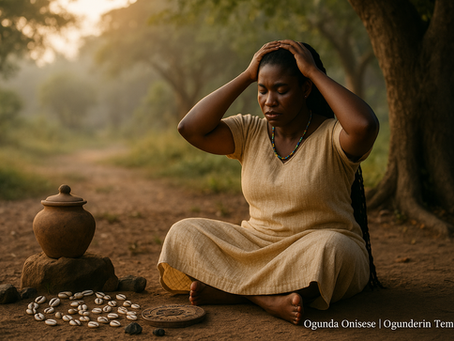 A Yoruba woman seated in stillness with her head bowed and arms crossed, reflecting meditation, decision making, and reverence for Ori.