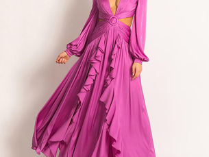 Perfect Picks for You! Ellafads Women Maxi Dress Elegant High Waist V-neck Lantern Sleeve Hollow Out Pleated Solid Color Ruffled Party Long Dresses - Price $26.51