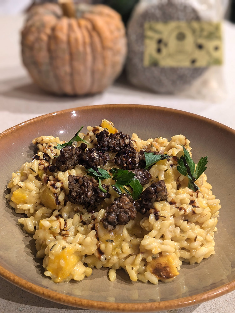 Teff Risotto Recipe Squash and Saffron Risotto with Crispy Lentil Tempeh