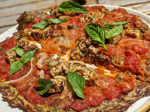 Courgette Pizza Crust with Crispy Tempeh Bits (Vegan)
