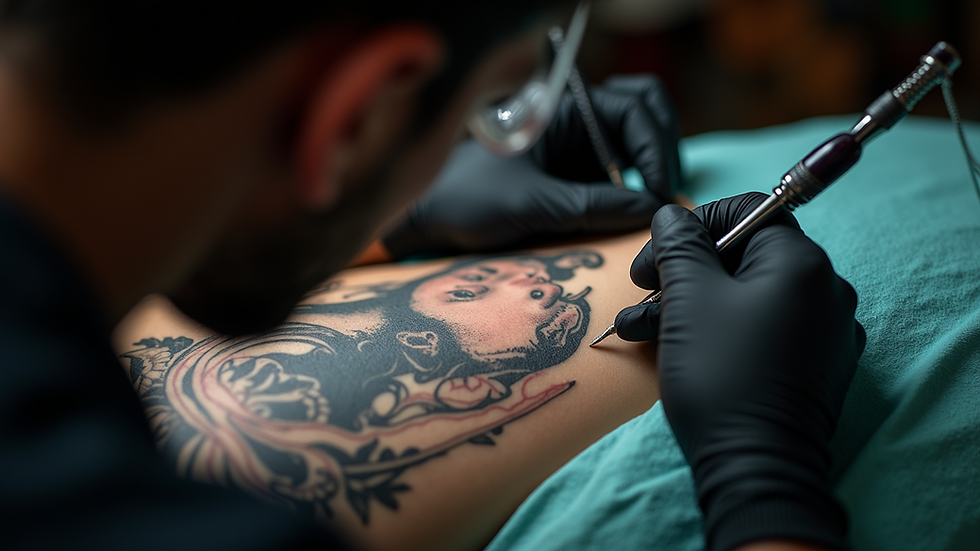 Eye-level view of tattoo artist working on a portrait tattoo