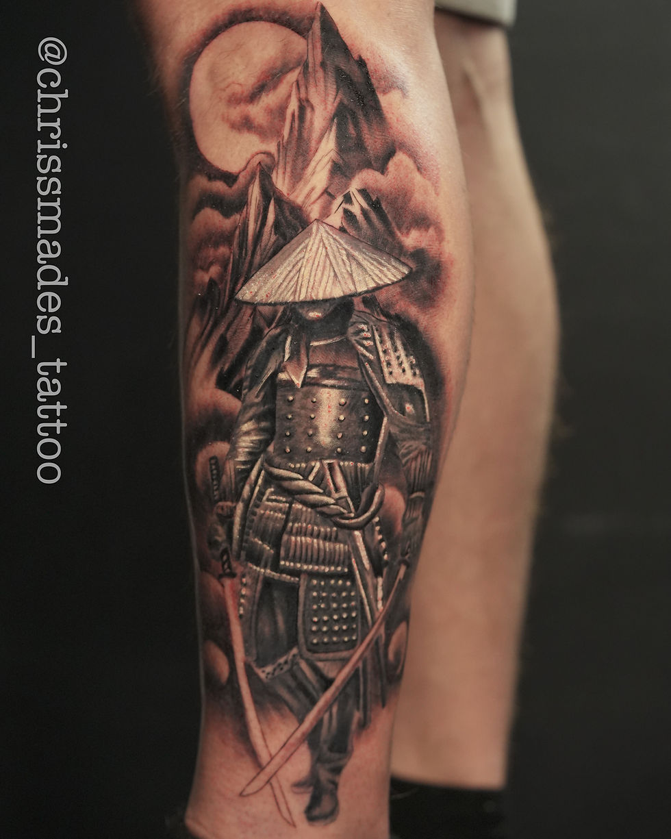 Samurai black and grey realism tattoo