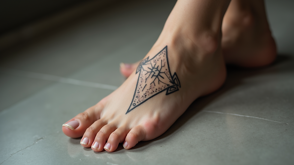Eye-level view of a fine line geometric tattoo on ankle
