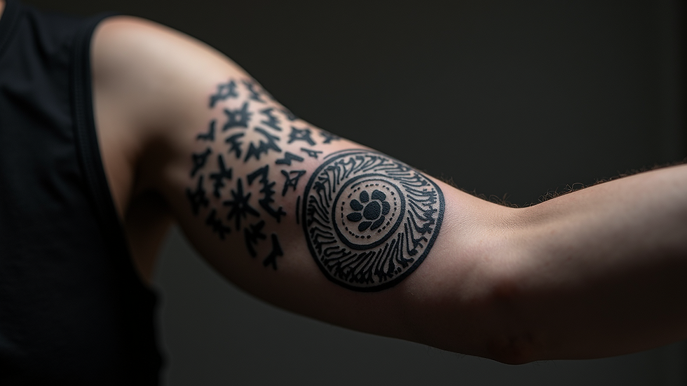 High angle view of a blackwork geometric tattoo on upper arm