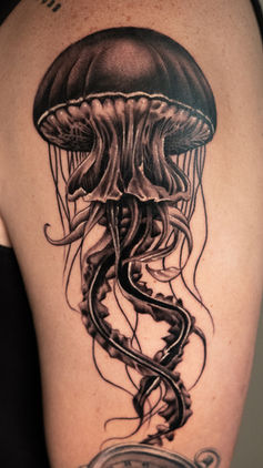 Floating Jellyfish Tattoo in Black and Grey Realism