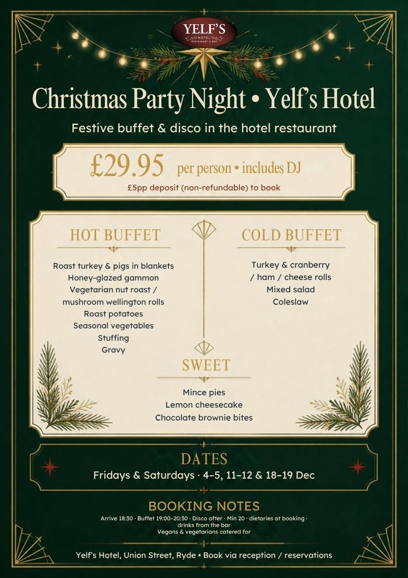 Christmas Party Night buffet menu at Yelf’s Hotel