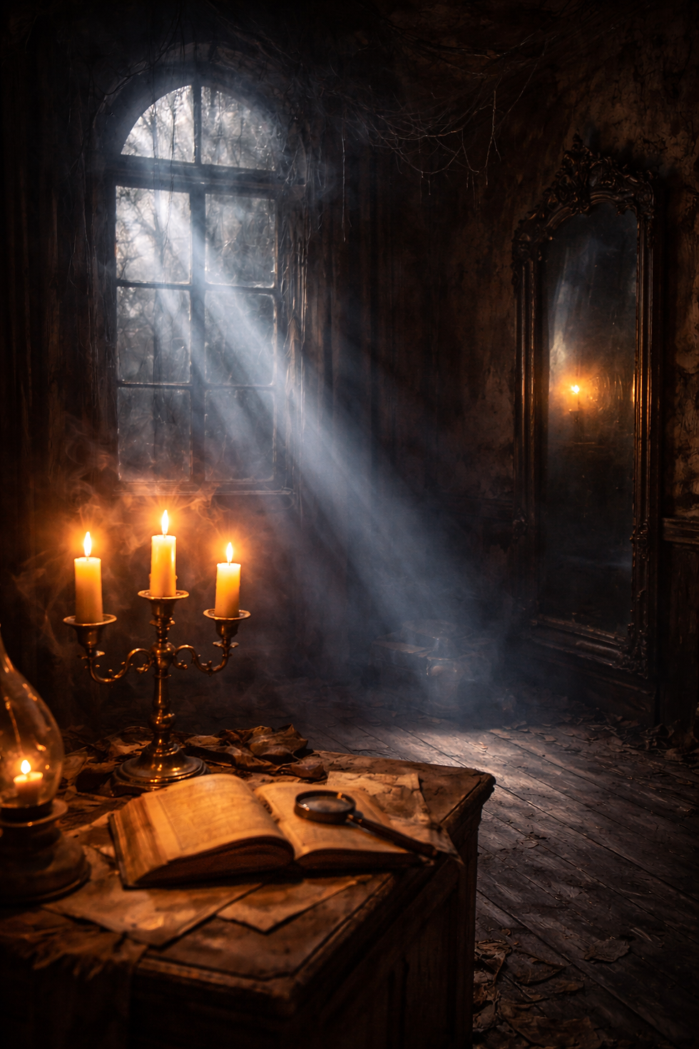 Candlelight glowing in a dark abandoned room with a mirror and moonlit window, symbolizing truth and shadow in a gothic poem