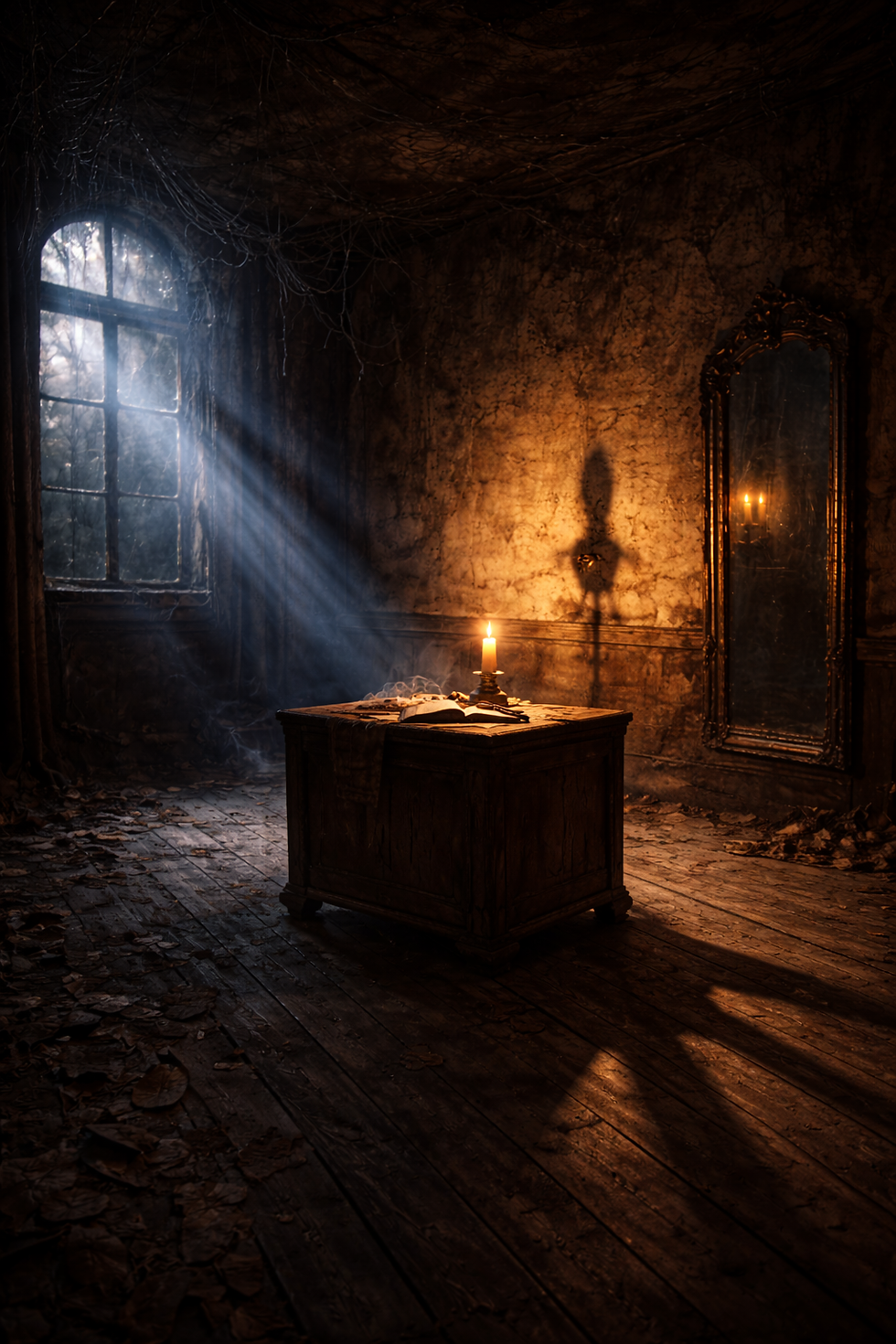 Lone candle on a table casting a deep moving shadow across the wall of an empty dark room, illustrating the atmosphere of a gothic poem