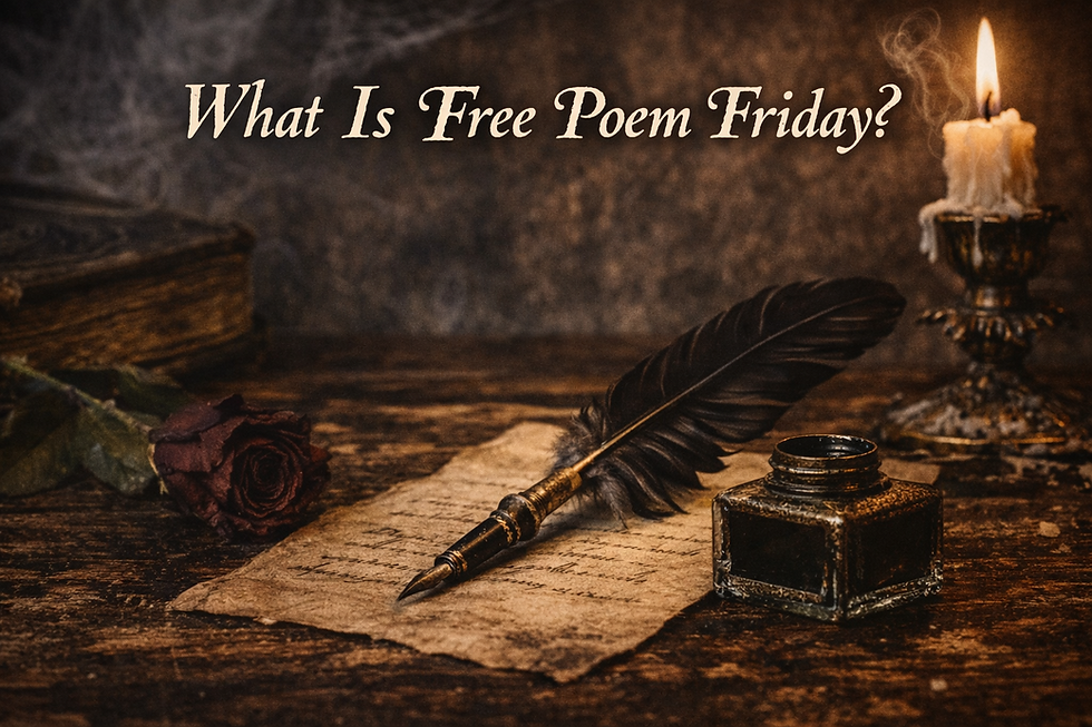 Gothic poetry writing scene with quill pen, candle, and parchment illustrating the Free Poem Friday gothic poetry series inspired by the poetry book Lurid Lamentations