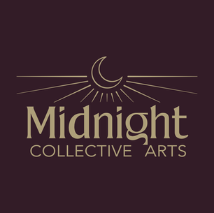 A logo design: moon with rays shining out over the name Midnight Collective Arts