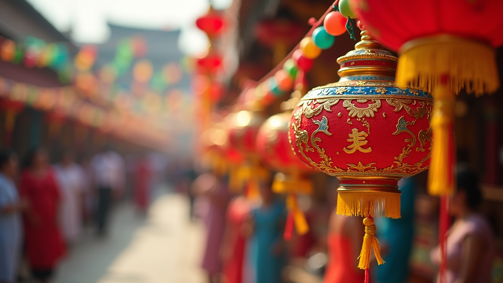 Close-up view of a colorful cultural festival with traditional decorations