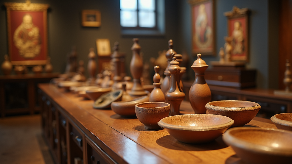 Close-up view of a cultural exhibit with traditional artifacts