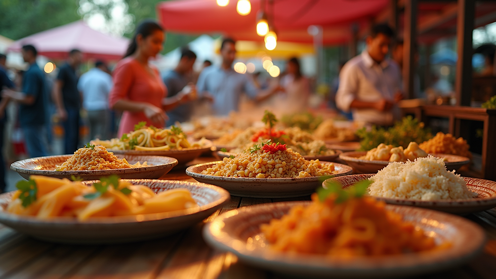High angle view of a vibrant cultural food festival with diverse dishes
