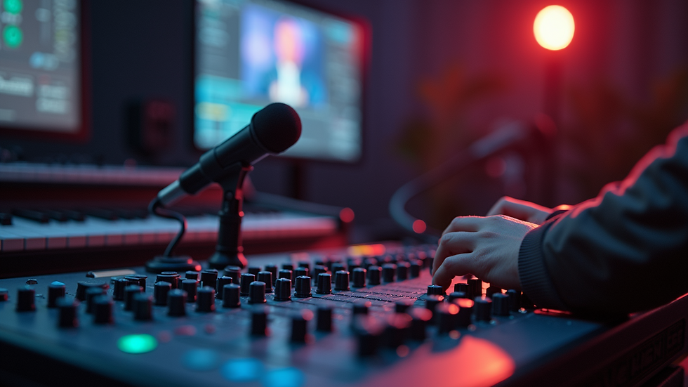Close-up view of professional audio equipment setup with microphones and speakers