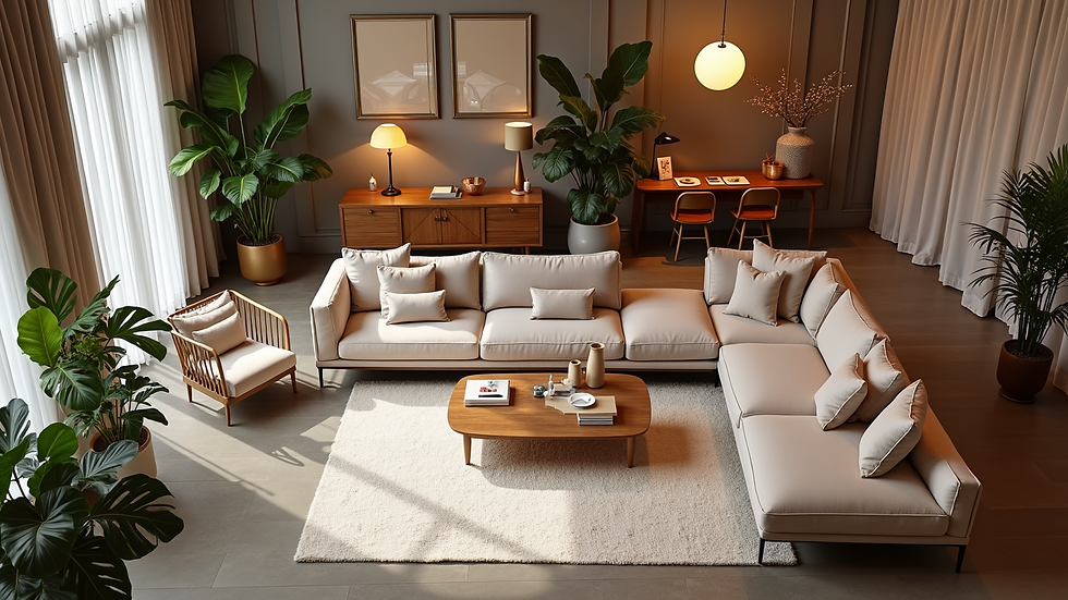 High angle view of stylish event rental showroom with furniture and decor