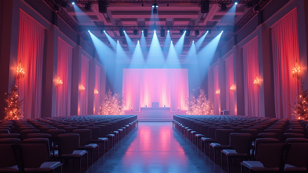 High angle view of a beautifully decorated event space with stage and lighting