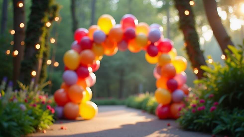 Close-up view of a colorful balloon arch with greenery and fairy lights