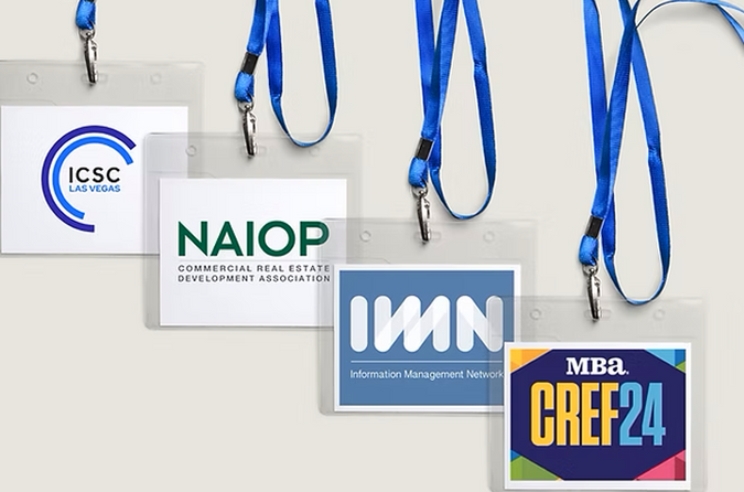 Conference lanyards representing RIZZ’s event marketing expertise across ICSC, NAIOP, IMN, and MBA CREF24.
