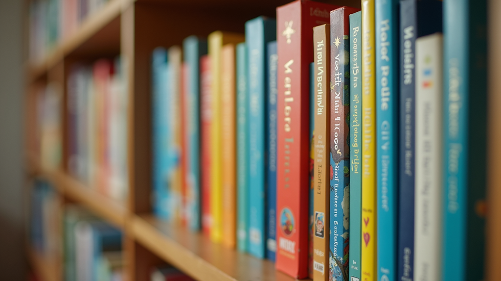 Eye-level view of a colorful bookshelf filled with diverse children's books