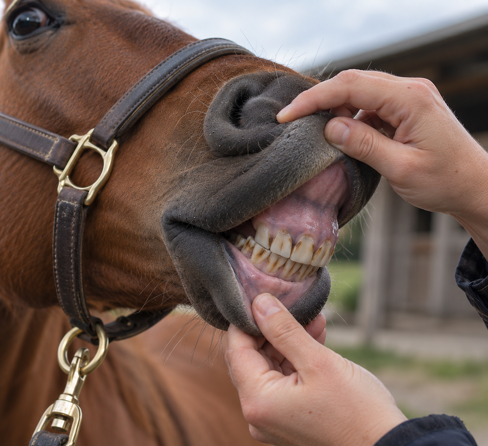 Deux mains soulèvent la lèvre d’un cheval brun harnaché, montrant ses dents et ses muqueuses violacées, en extérieur sous un ciel clair.