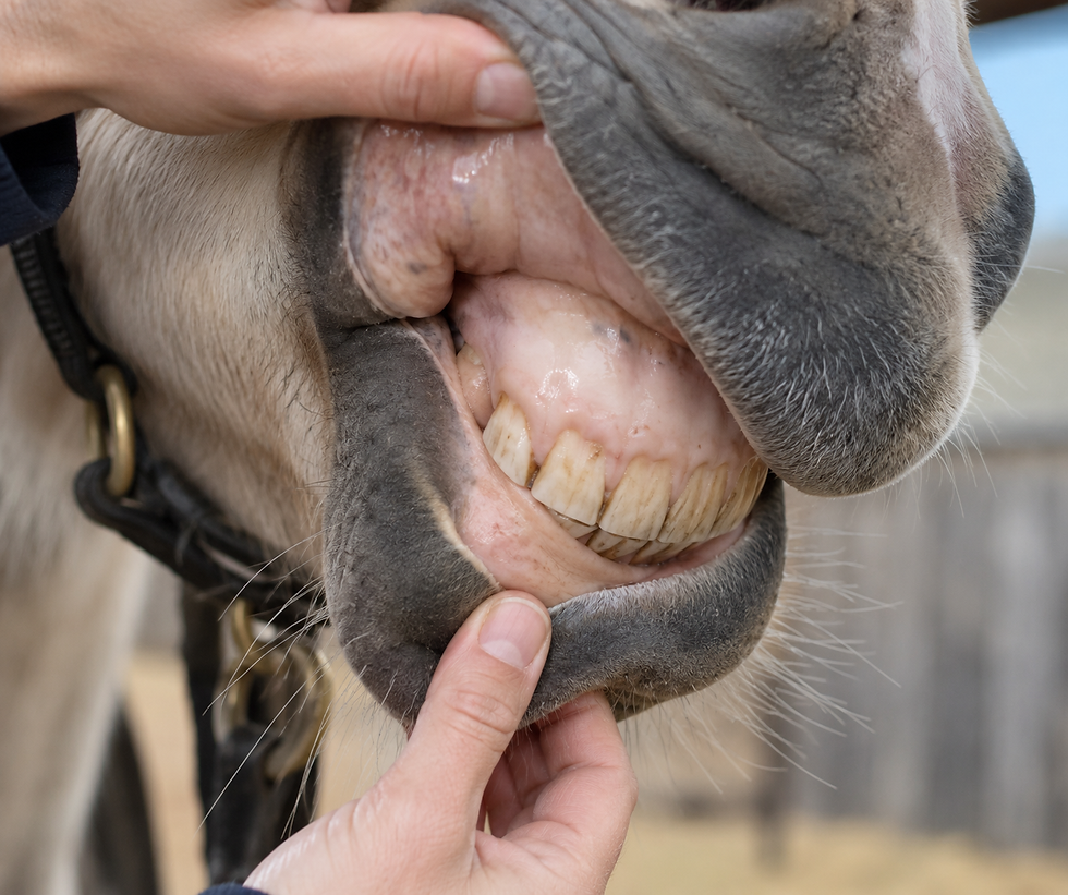 Gros plan du museau d’un cheval, lèvres soulevées par des mains, dents visibles, muqueuses pâles, en inspection dans une écurie.