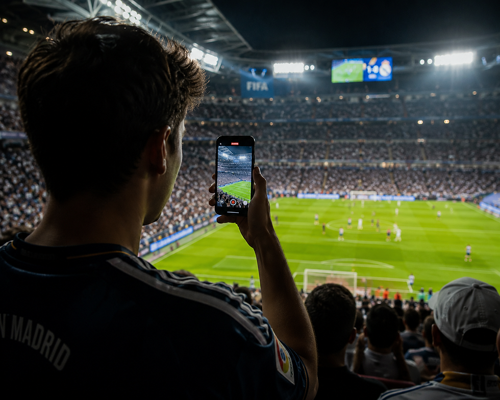 A football fan holds up a smartphone to record a live FIFA match from the stands of a packed stadium, with the brightly lit pitch and thousands of spectators creating an energetic match-day atmosphere.