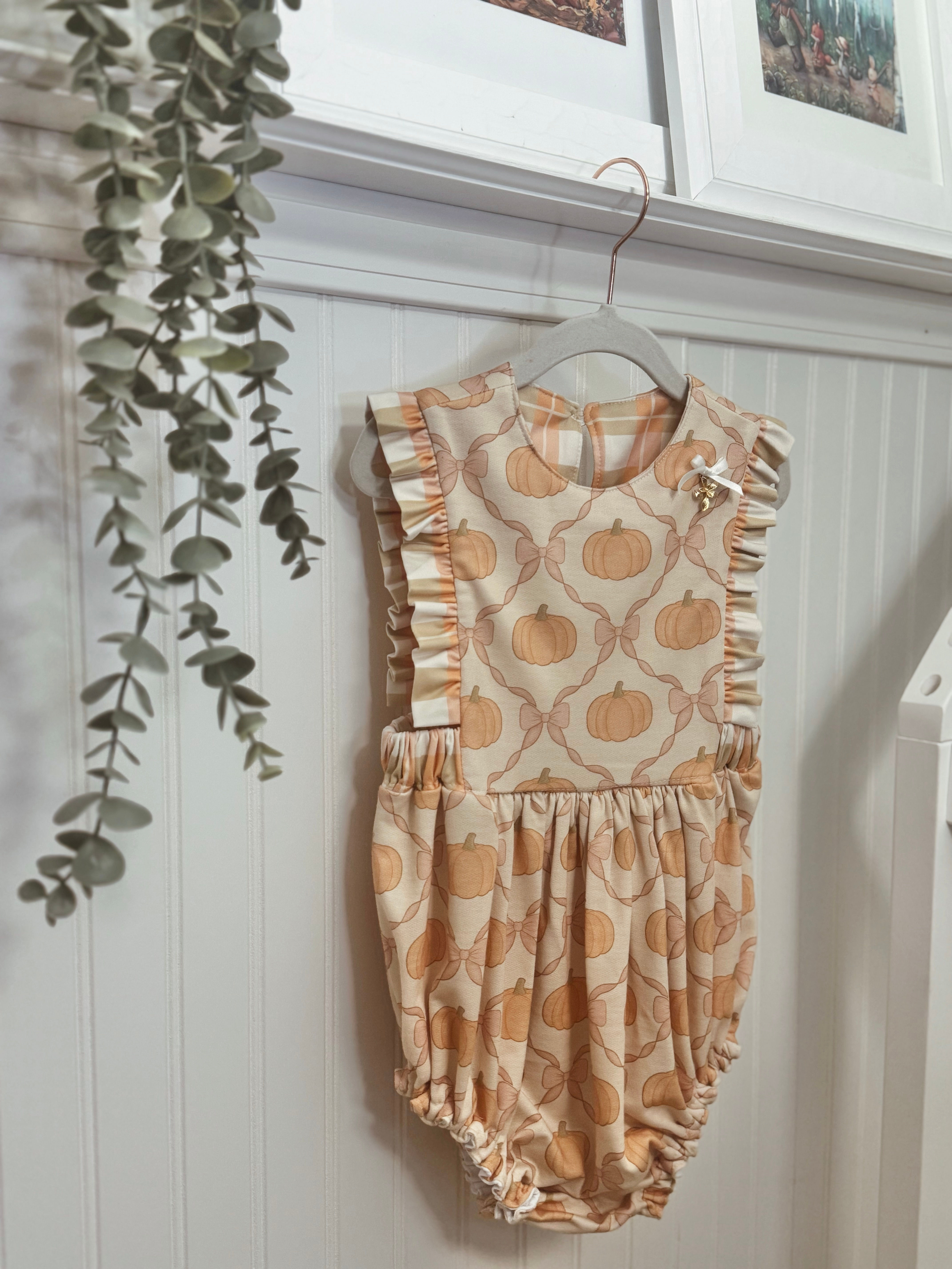 Meadow pumpkin coquette Pinafore romper french terry