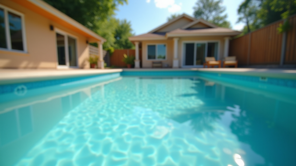Eye-level view of a backyard pool under construction with clear blue water