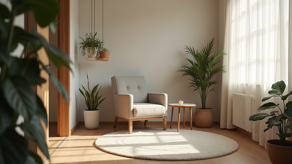 Eye-level view of a cozy consultation room with a comfortable chair and soft lighting