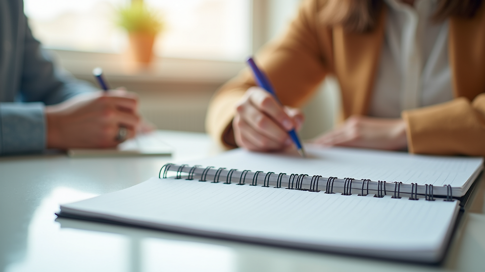 Close-up view of a notebook and pen on a desk during a coaching session