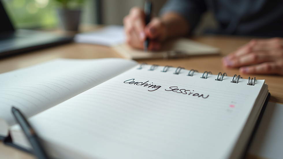 Close-up view of a notebook with coaching session notes and a pen